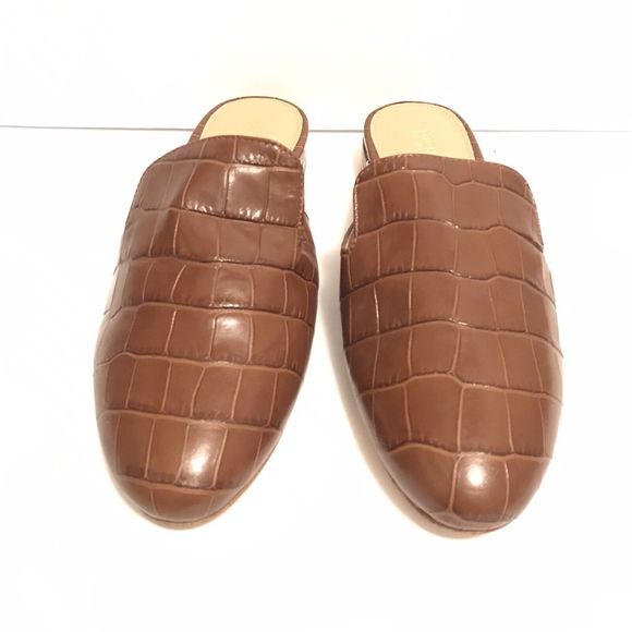 MICHAEL KORS VC17D NATASHA SLIDE LEATHER MAHOGANY BROWN CROC LOAFERS SIZE 6M - Picture 1 of 7